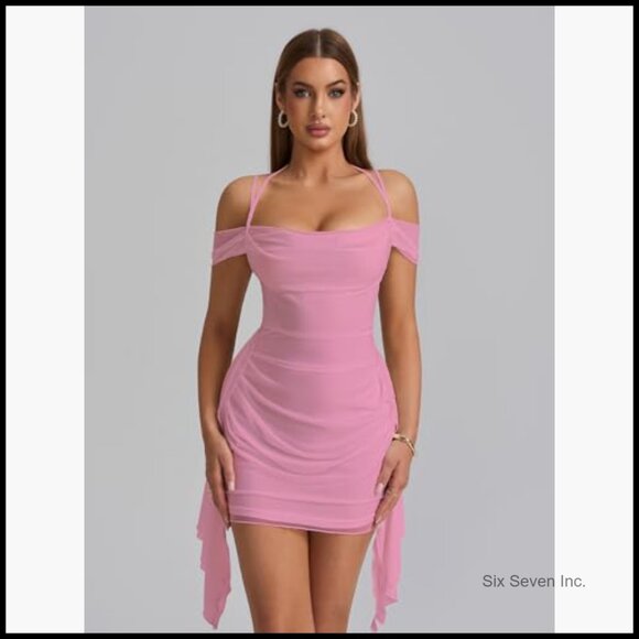 Mesh Bodycon Mini Dress Ruffle Ruched One Shoulder Party Club - Picture 2 of 7